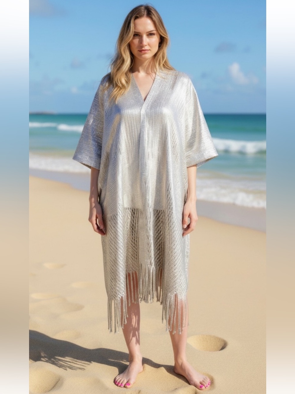 Metallic Lurex Kimono/Cover-Up with Fringe